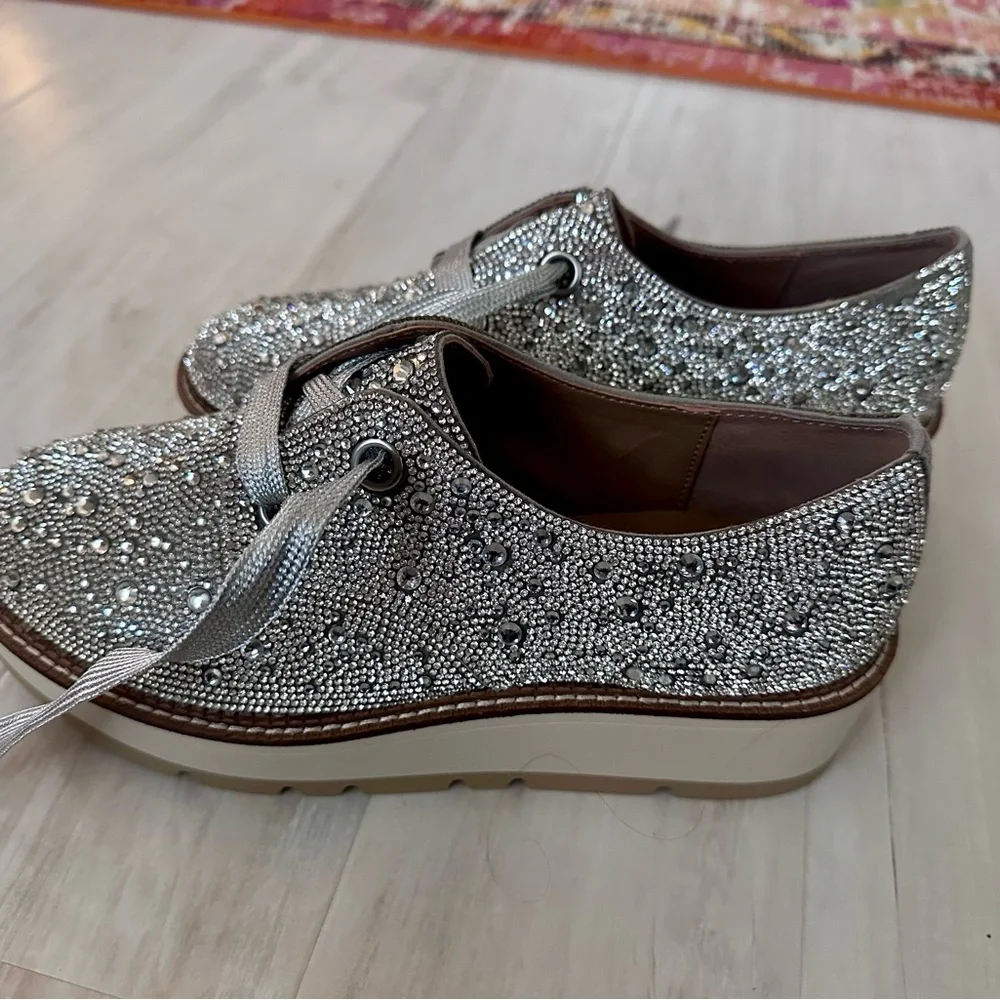 Gianni Bini Silver Crystal Lace-Up Platform Flats - Picture 2 of 5